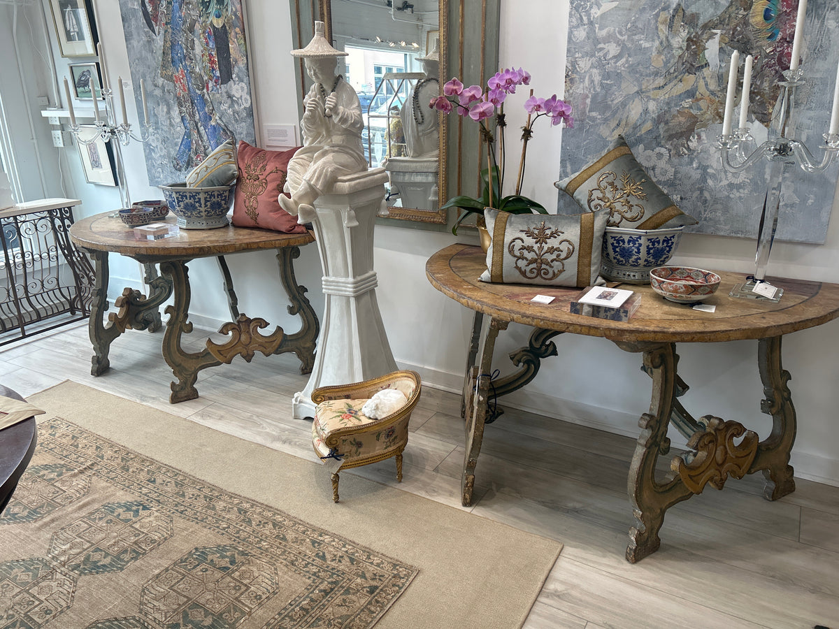 Pair Of Italian Painted Demi Lune Console Tables