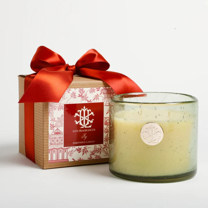 Lux Fragrances Fig 13 oz Candle in Green Glass with Bow