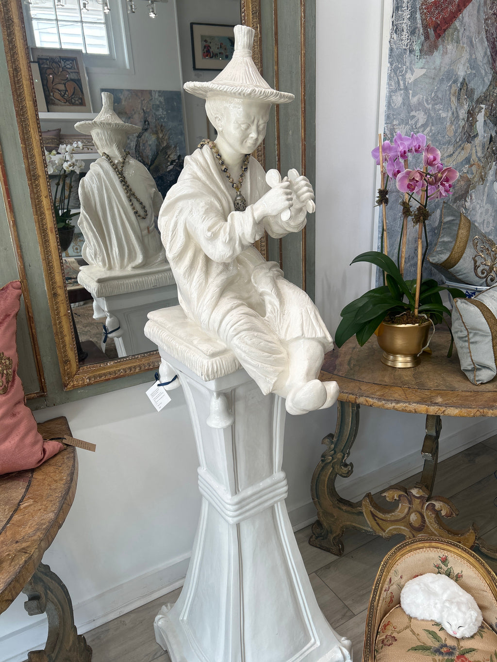 MONUMENTAL ITALIAN GLAZED TERRACOTTA CHINOISERIE FIGURE ON PEDESTAL