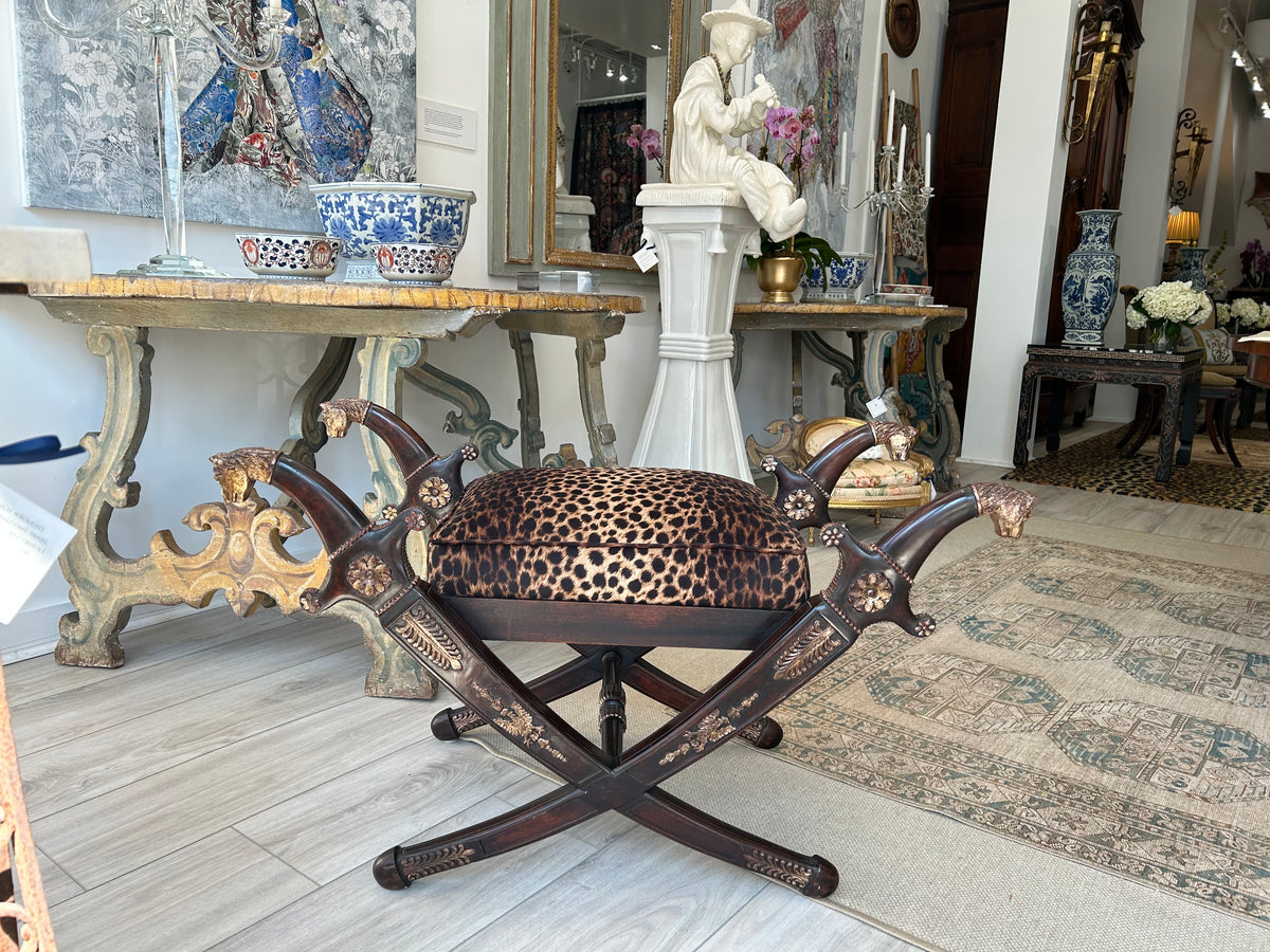 REGENCY REVIVAL CARVED MAHOGANY X-FRAME BENCH