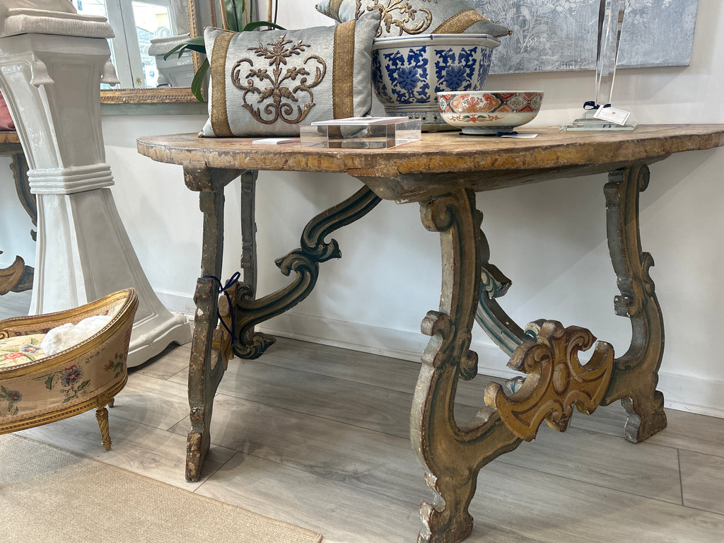 Pair Of Italian Painted Demi Lune Console Tables