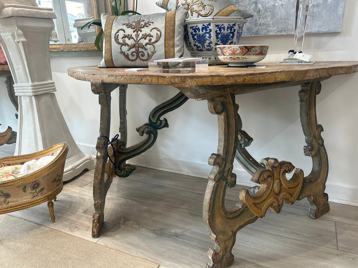 Pair Of Italian Painted Demi Lune Console Tables