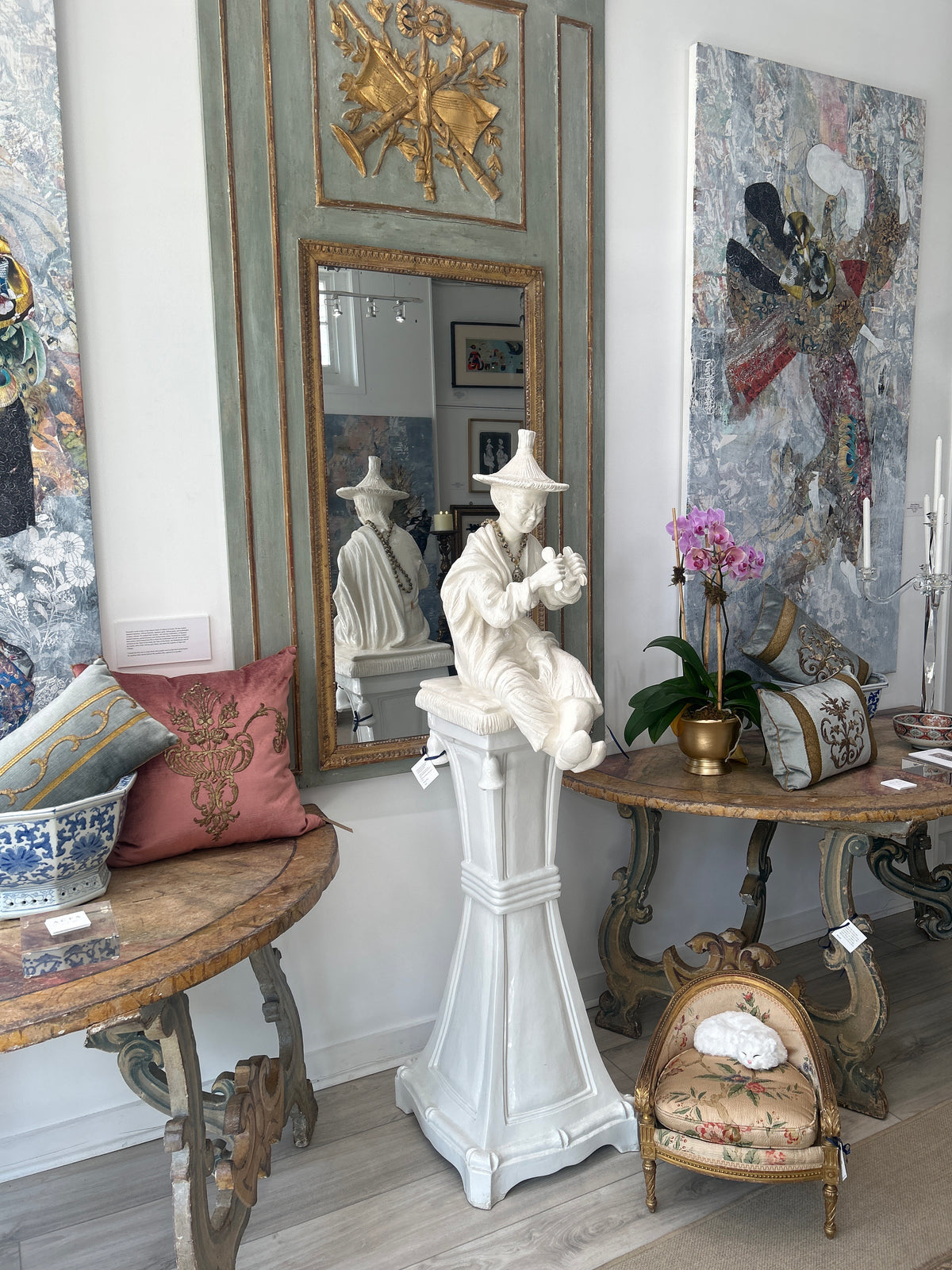 MONUMENTAL ITALIAN GLAZED TERRACOTTA CHINOISERIE FIGURE ON PEDESTAL