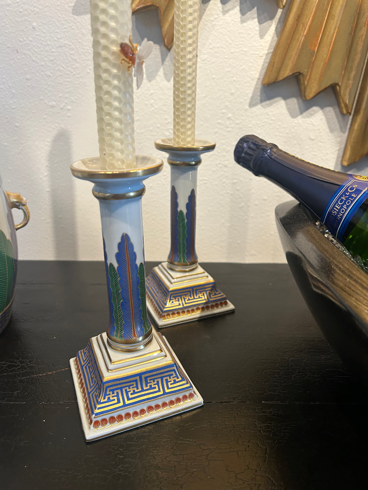 Pair of vintage Mottahedeh “Charleston Feather” porcelain candlesticks
