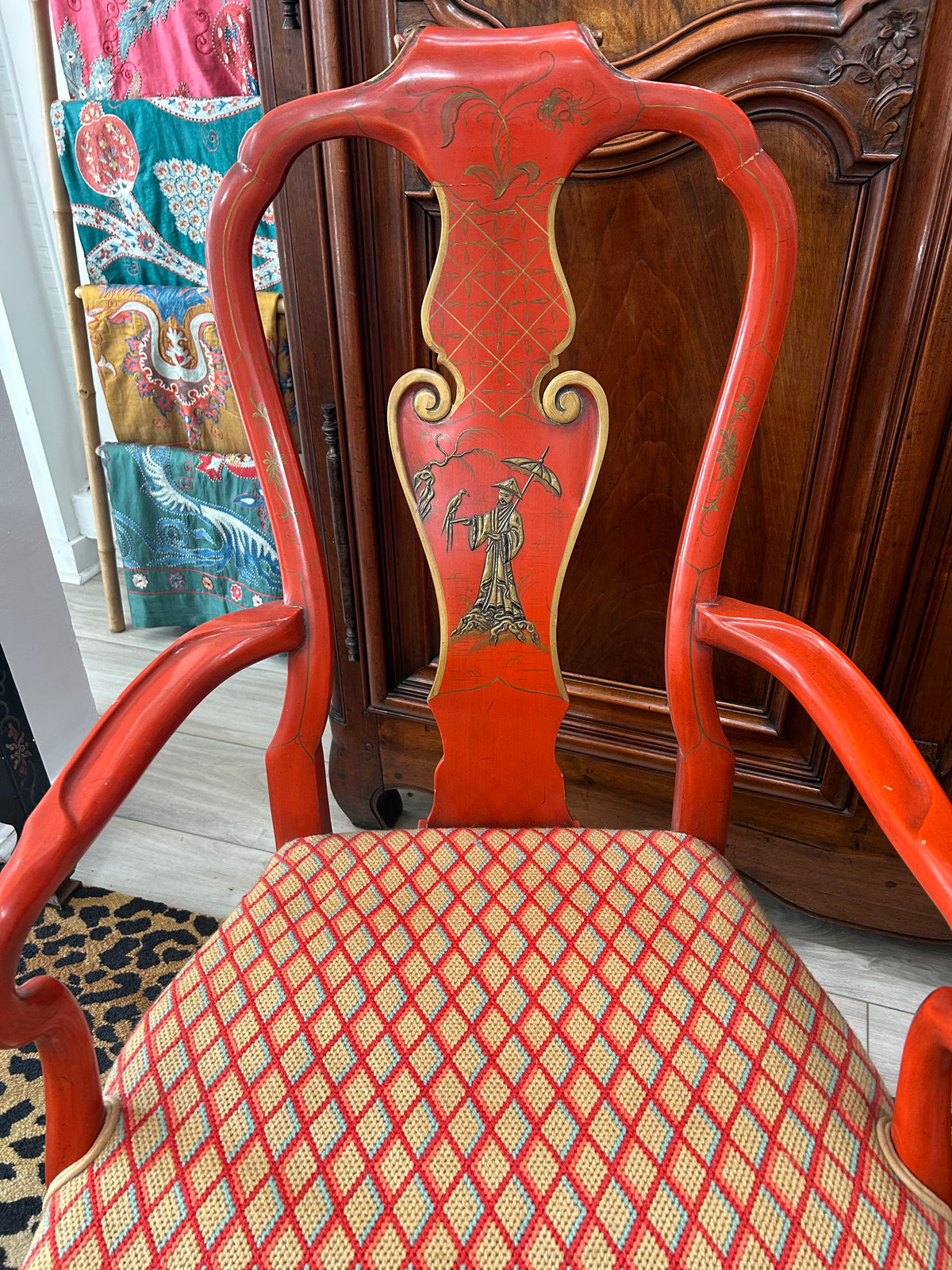 Pair of Queen Anne Style Red Lacquer Armchairs