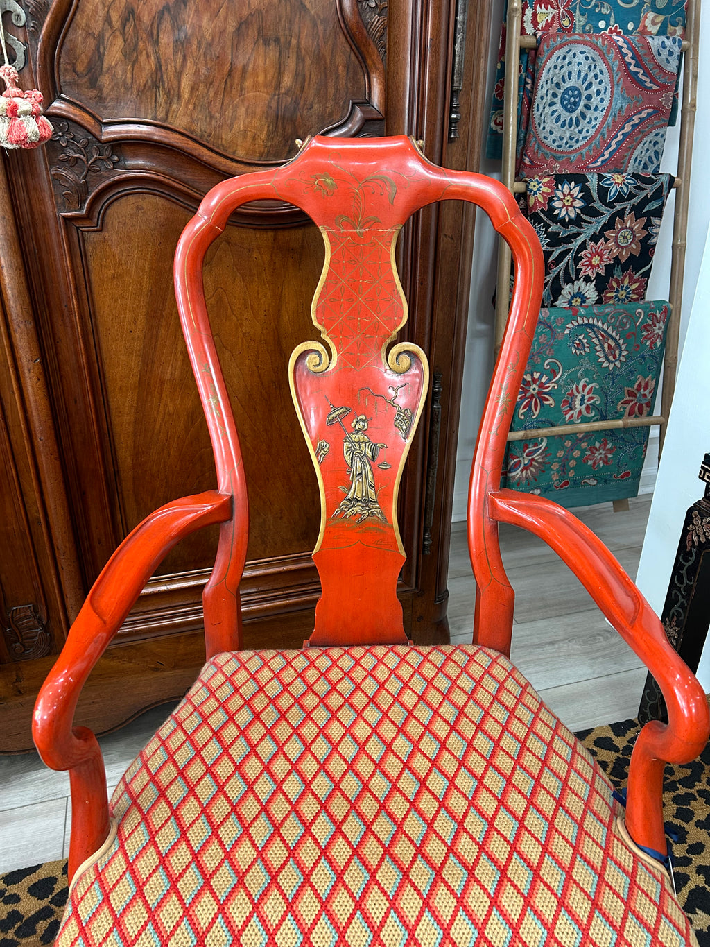 Pair of Queen Anne Style Red Lacquer Armchairs