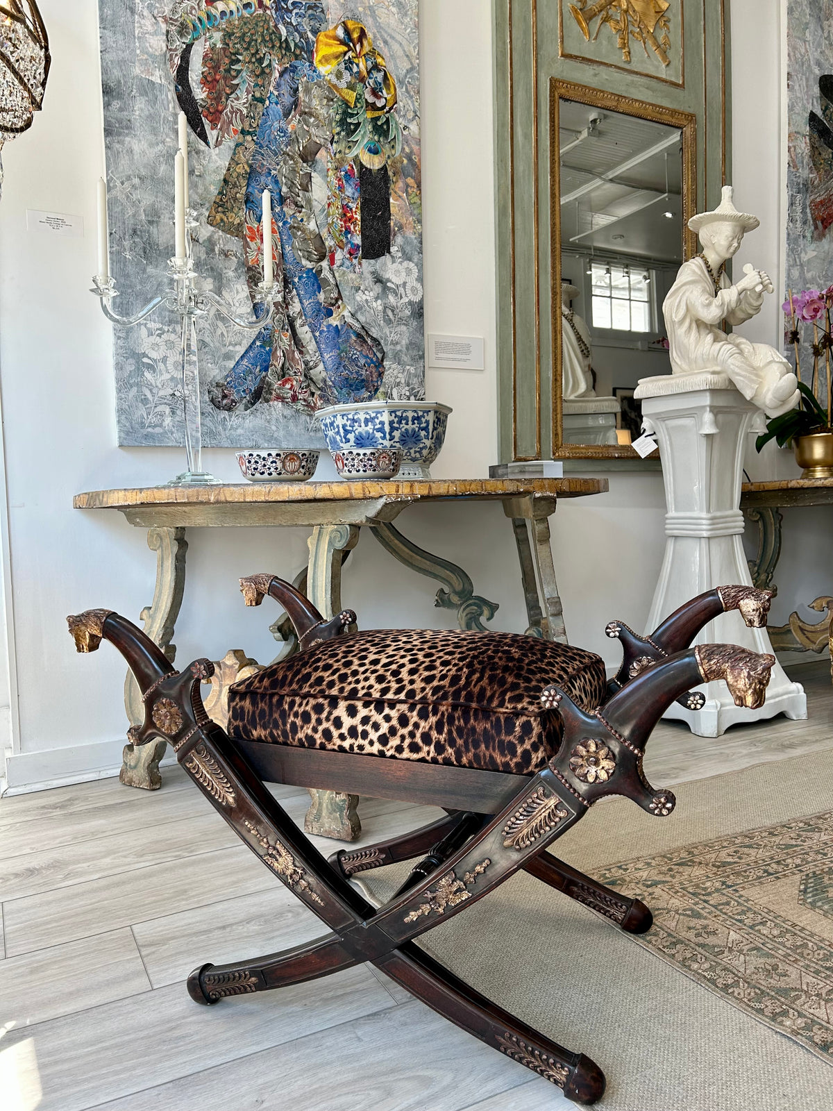 REGENCY REVIVAL CARVED MAHOGANY X-FRAME BENCH