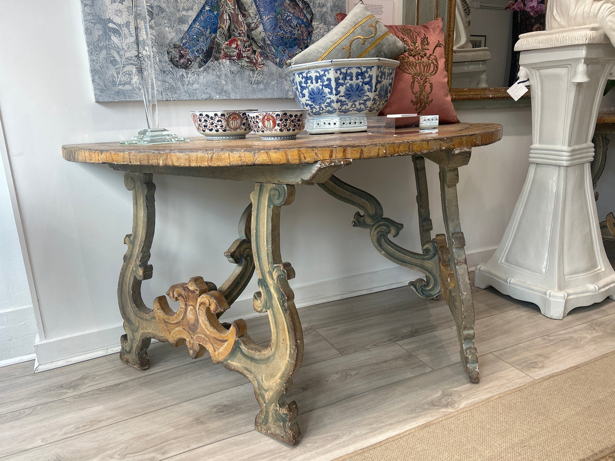 Pair Of Italian Painted Demi Lune Console Tables