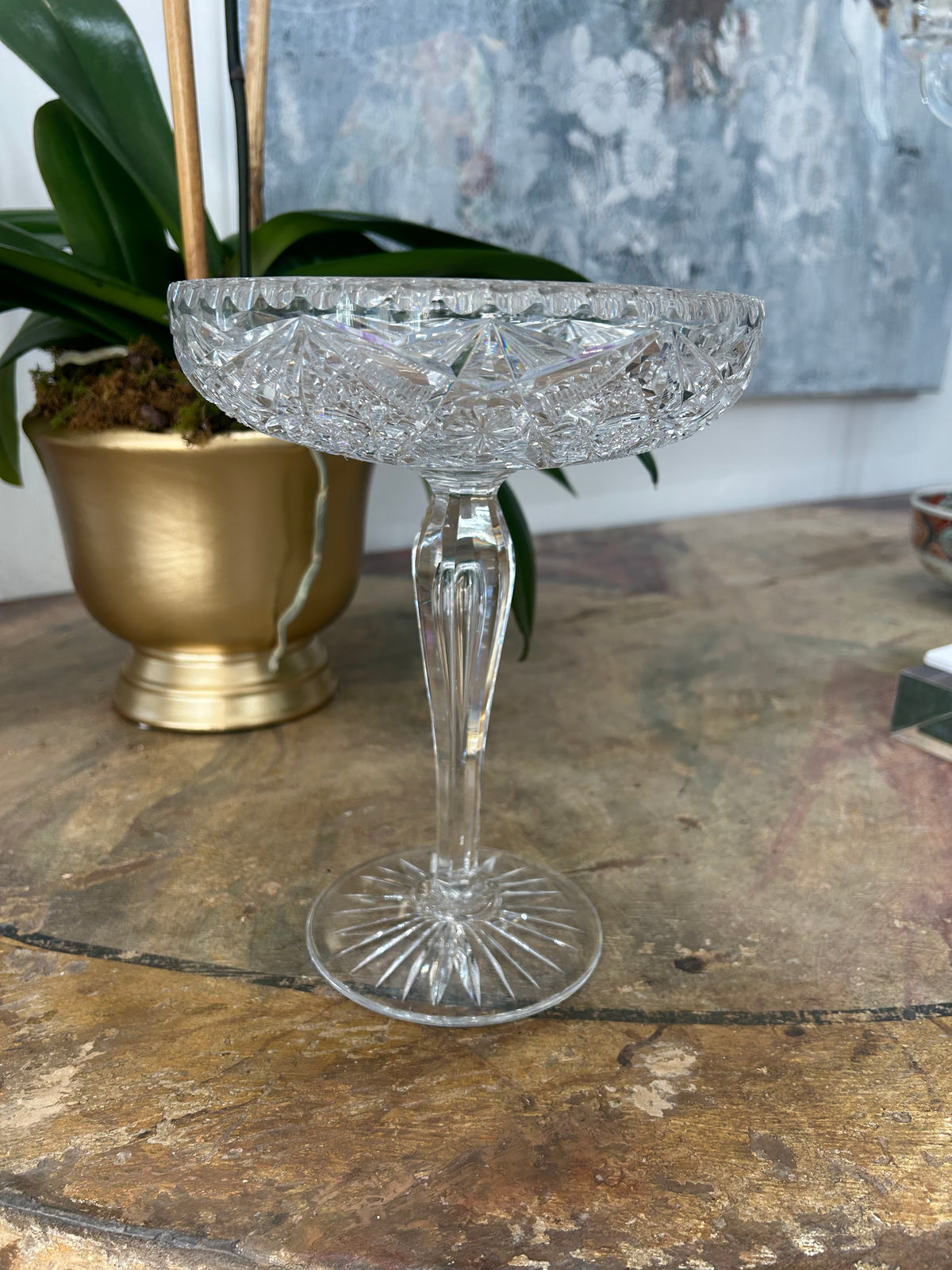 Antique hand-cut crystal pedestal compote