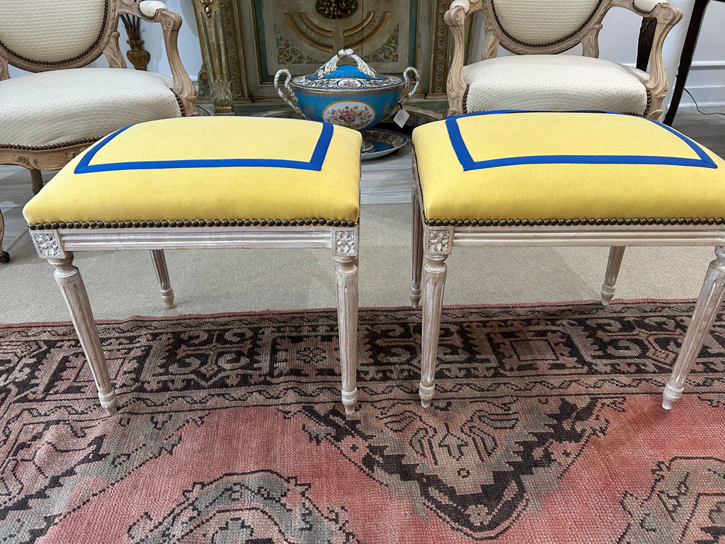 Pair of Louis XVI Upholstered Stools on Fluted Legs