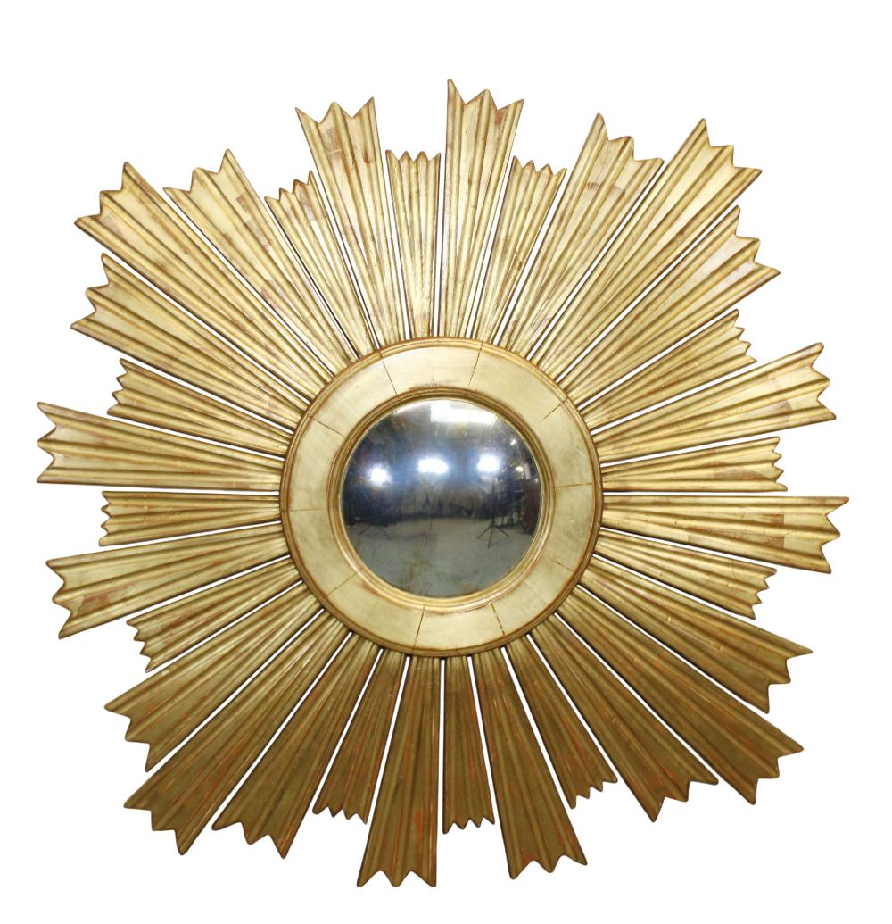 Large Italian Giltwood Sunburst Mirror with Convex Glass.