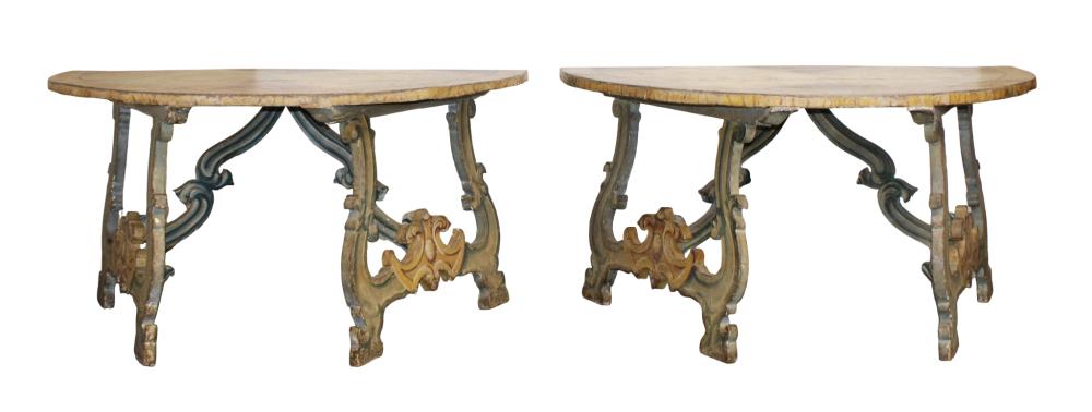 Pair Of Italian Painted Demi Lune Console Tables