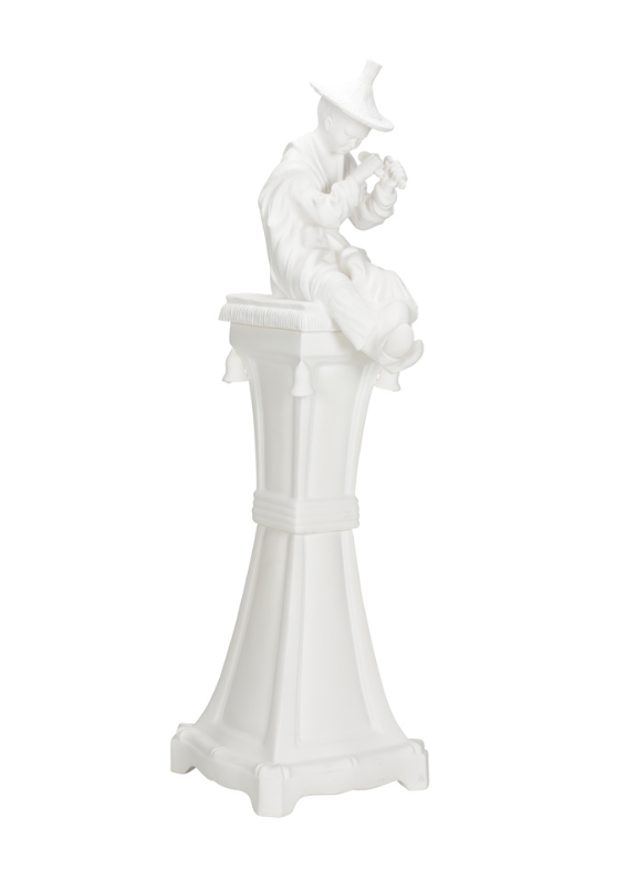 MONUMENTAL ITALIAN GLAZED TERRACOTTA CHINOISERIE FIGURE ON PEDESTAL