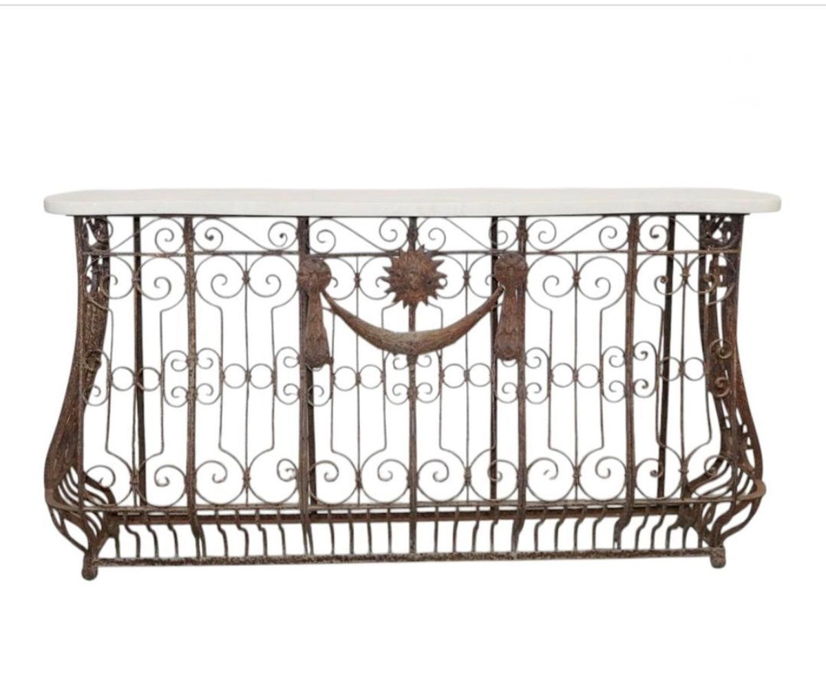 French Wrought Iron Balcony Mounted as Console with Travertine Marble Top
