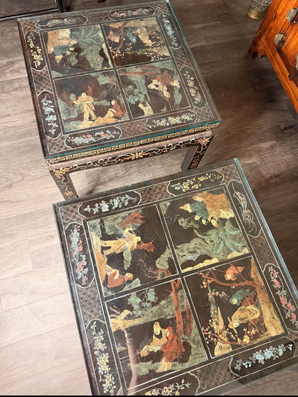 Pair of Early 20th Century Baker Chinoiserie Coromandel Side Tables
