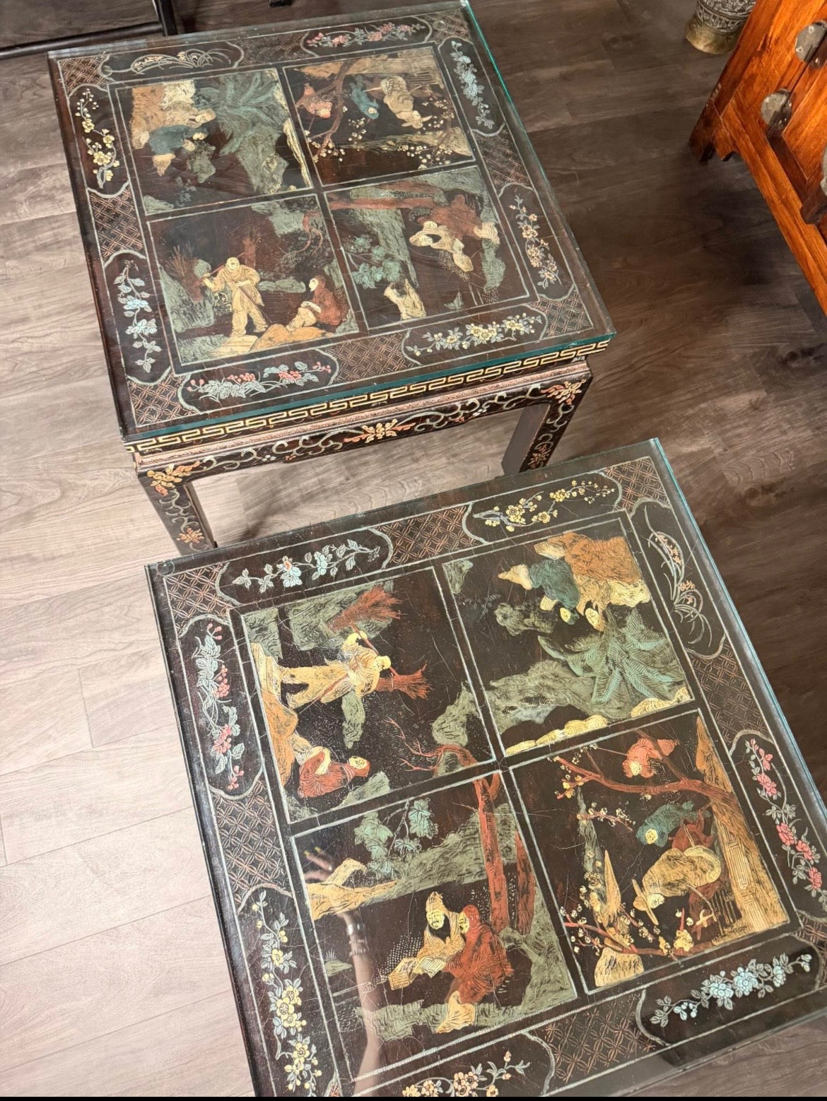 Pair of Early 20th Century Baker Chinoiserie Coromandel Side Tables